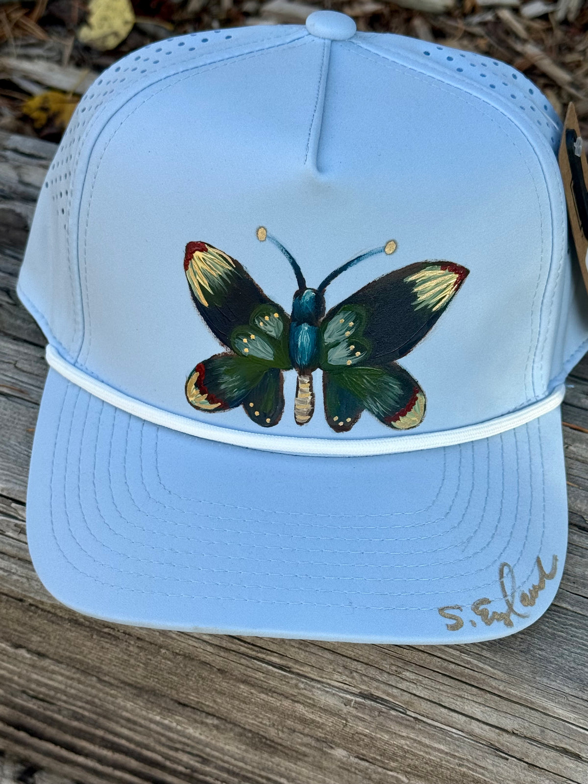 Hand painted butterfly on baby blue sweat proof/ water proof baseball cap