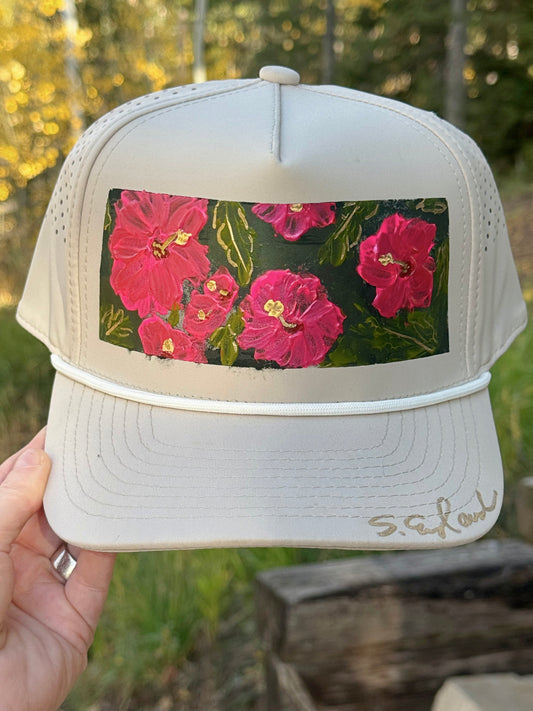 Hand painted Hawaii vibes on cream weather/sweat proof baseball hat