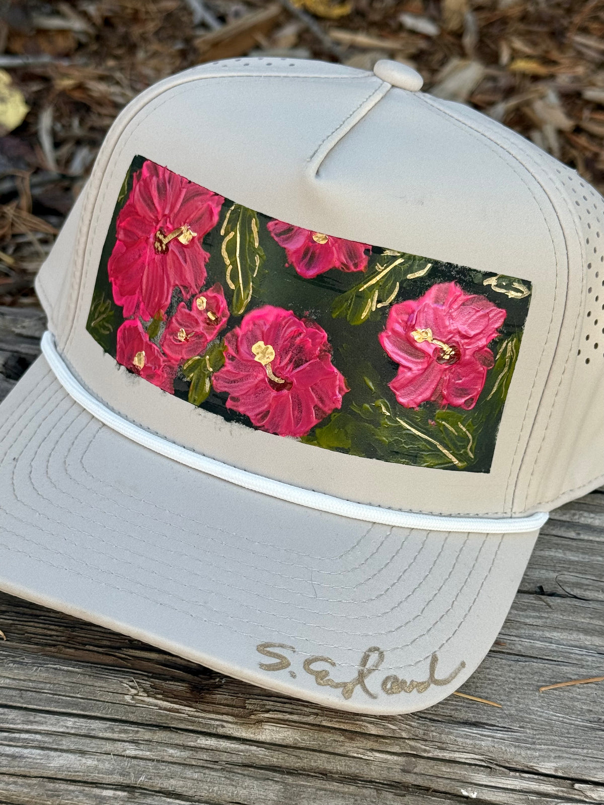 Hand painted Hawaii vibes on cream weather/sweat proof baseball hat