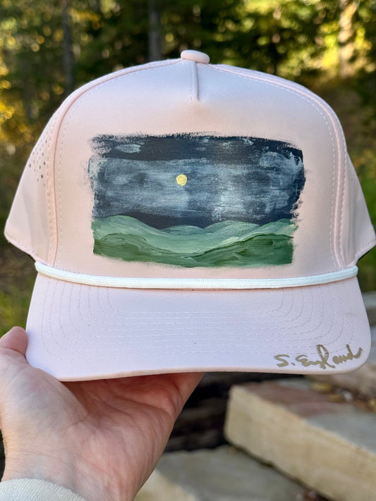 Hand painted landscape vibes on blush pink baseball cap