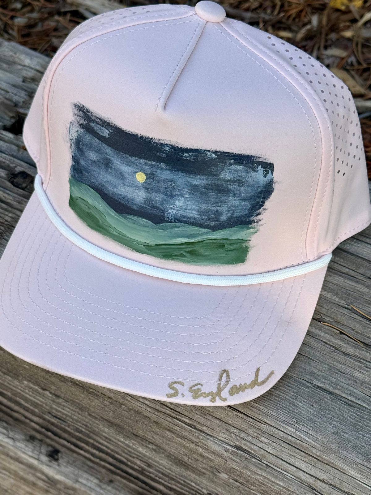 Hand painted landscape vibes on blush pink baseball cap