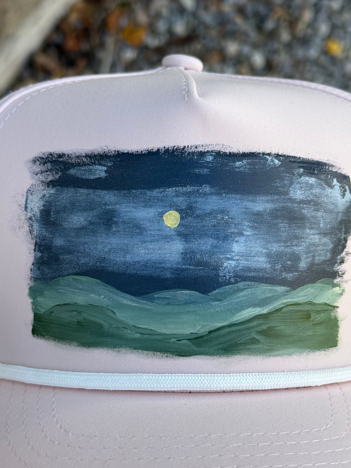 Hand painted landscape vibes on blush pink baseball cap