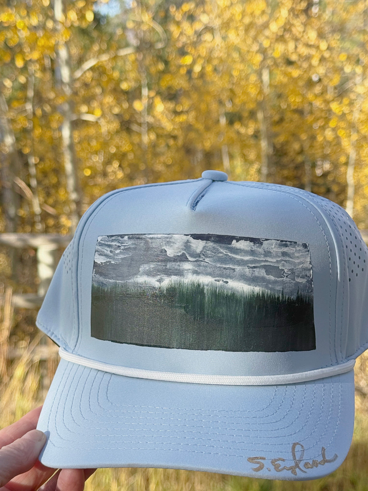 Hand painted landscape on blue waterproof/sweat proof baseball hat