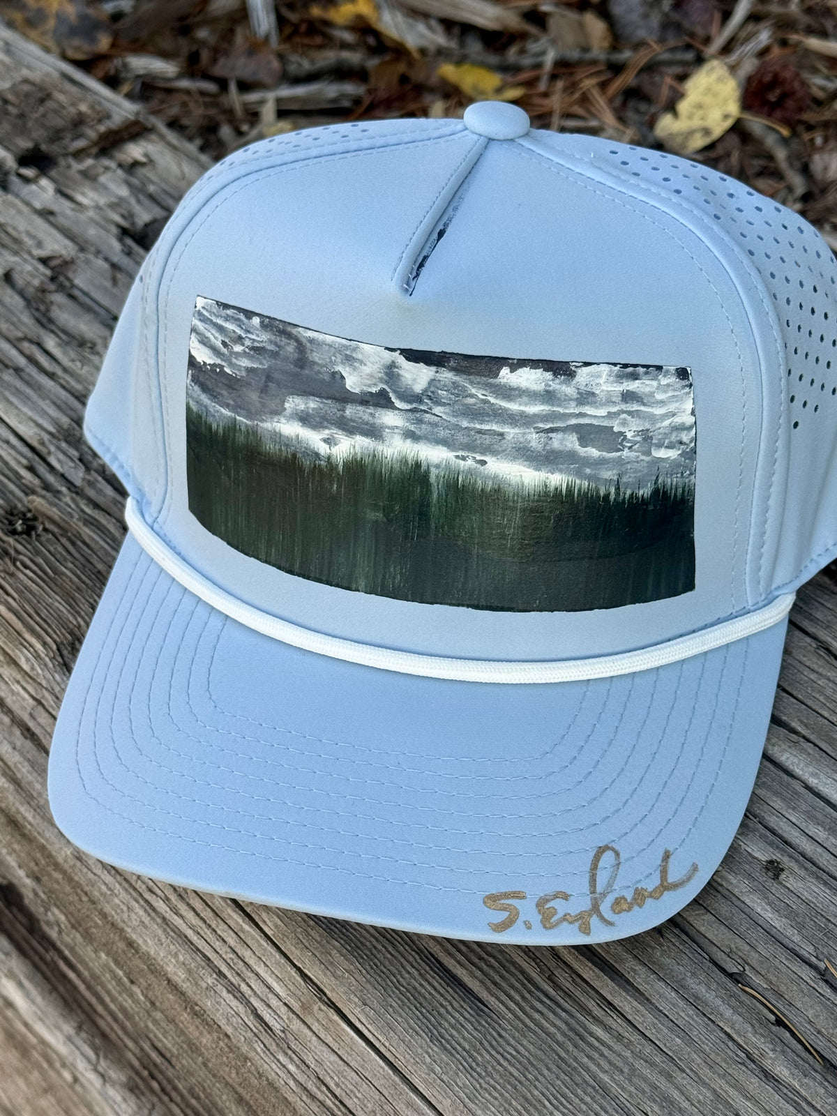Hand painted landscape on blue waterproof/sweat proof baseball hat