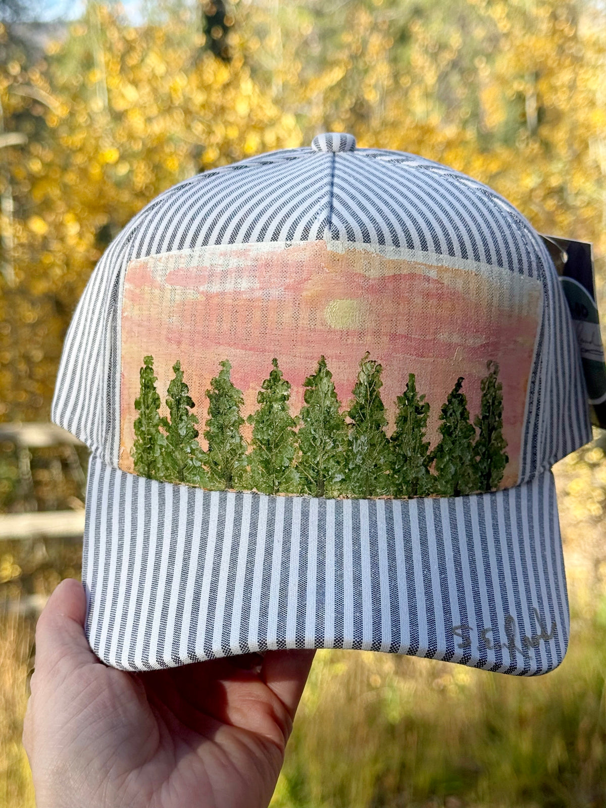 Hand painted landscape painting on blue/white stripped canvas hat