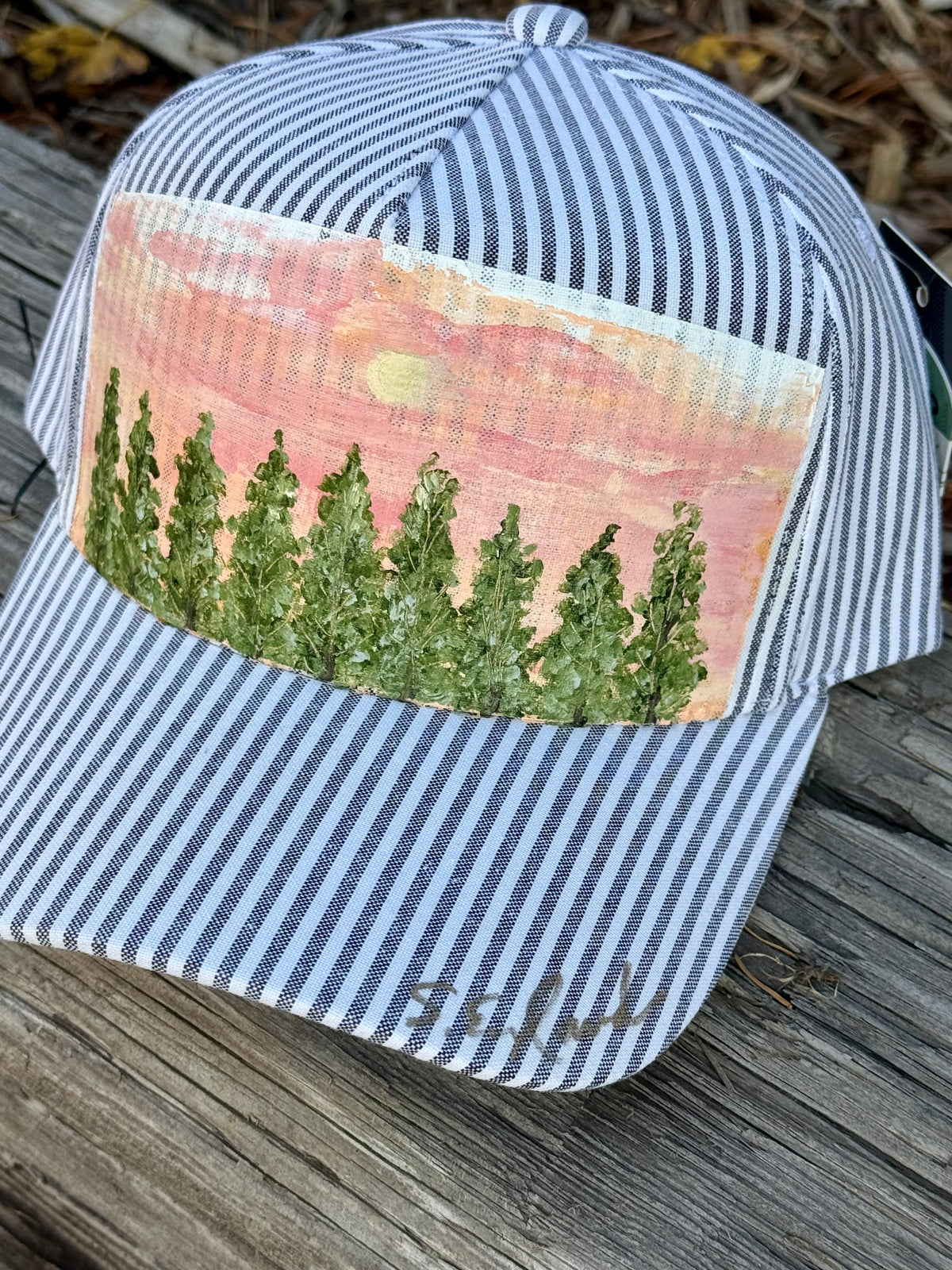 Hand painted landscape painting on blue/white stripped canvas hat