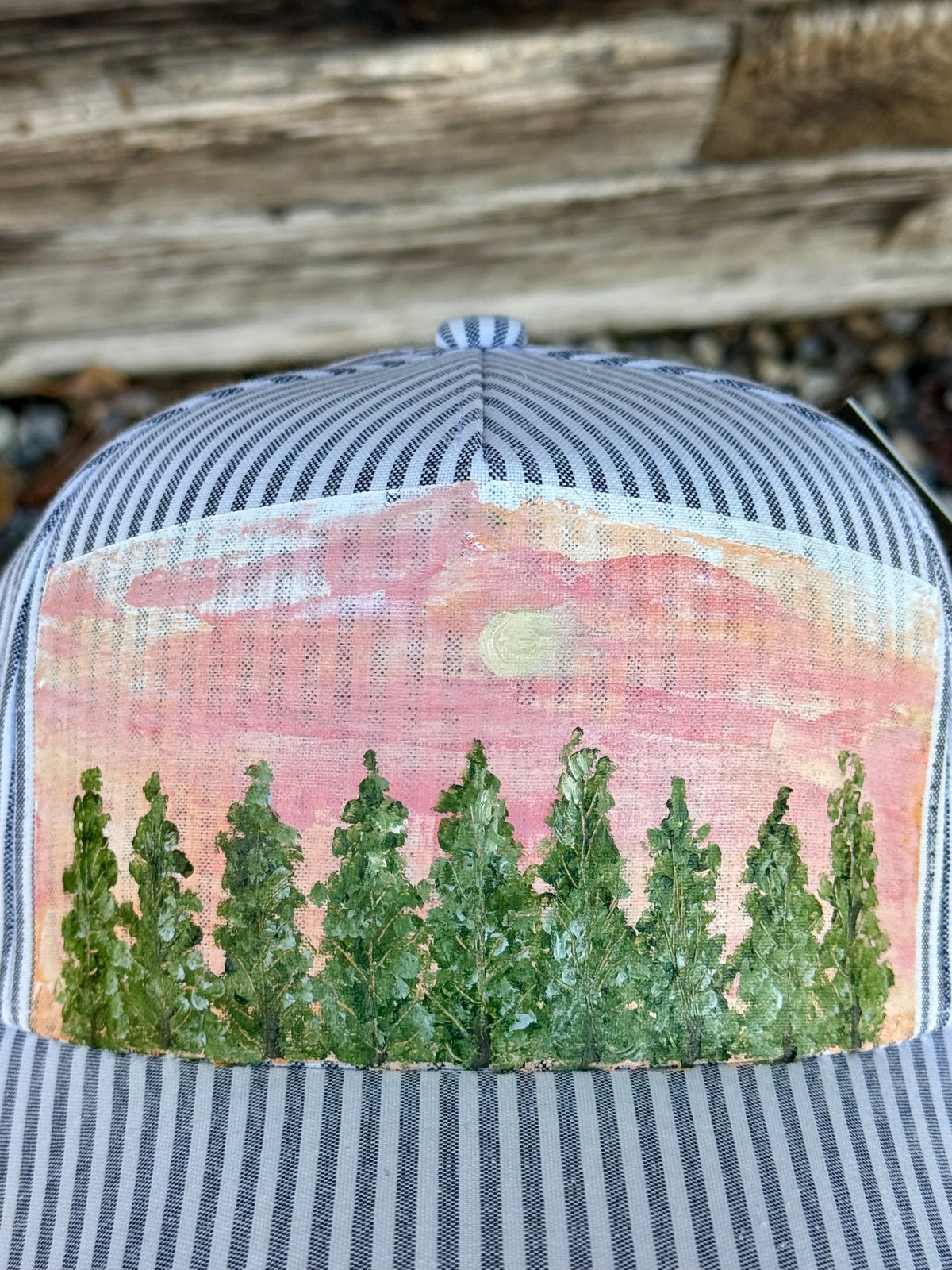 Hand painted landscape painting on blue/white stripped canvas hat