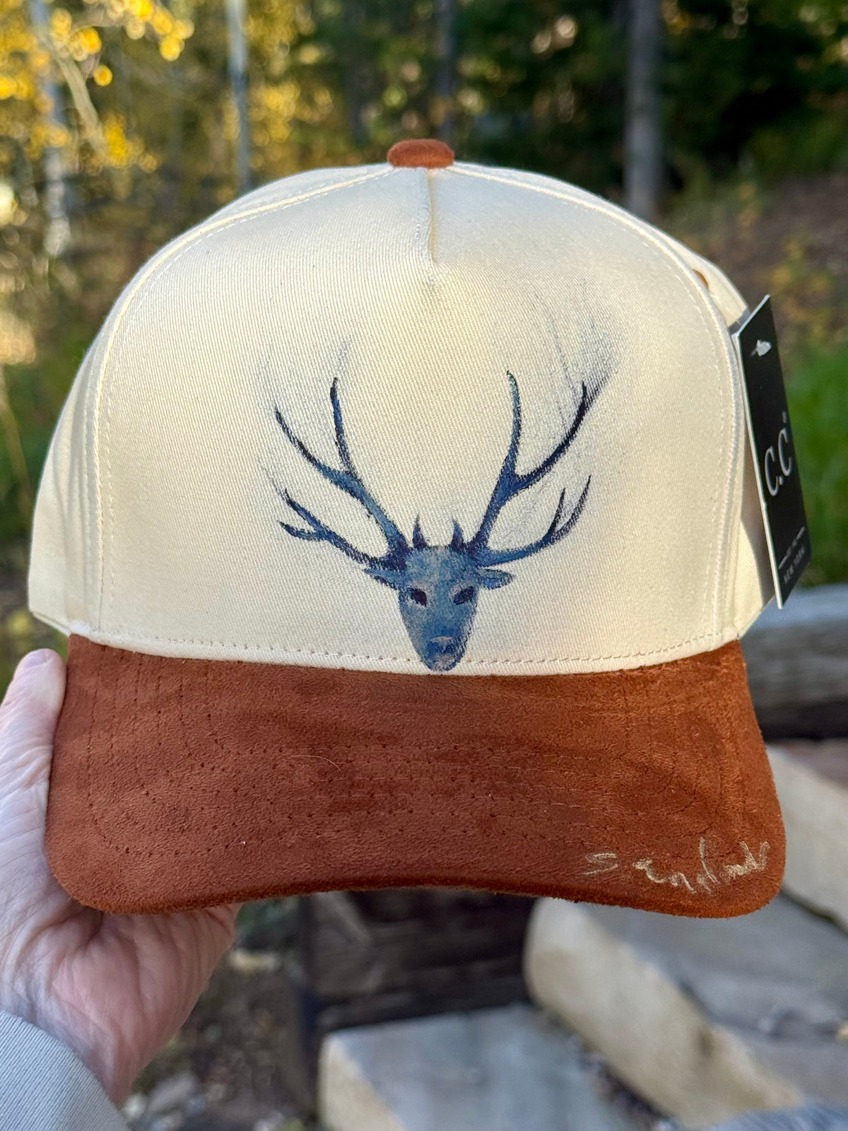Hand painted canvas/suede brown and cream baseball hat - deer