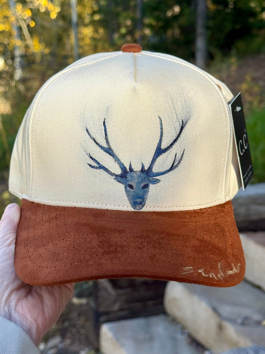 Hand painted canvas/suede brown and cream baseball hat - deer