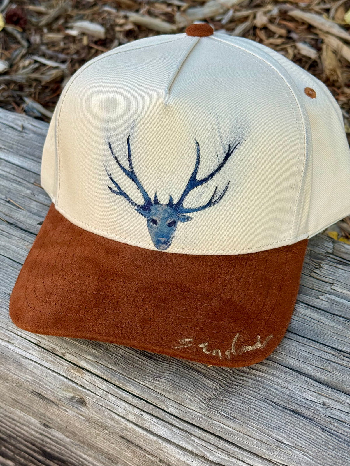 Hand painted canvas/suede brown and cream baseball hat - deer