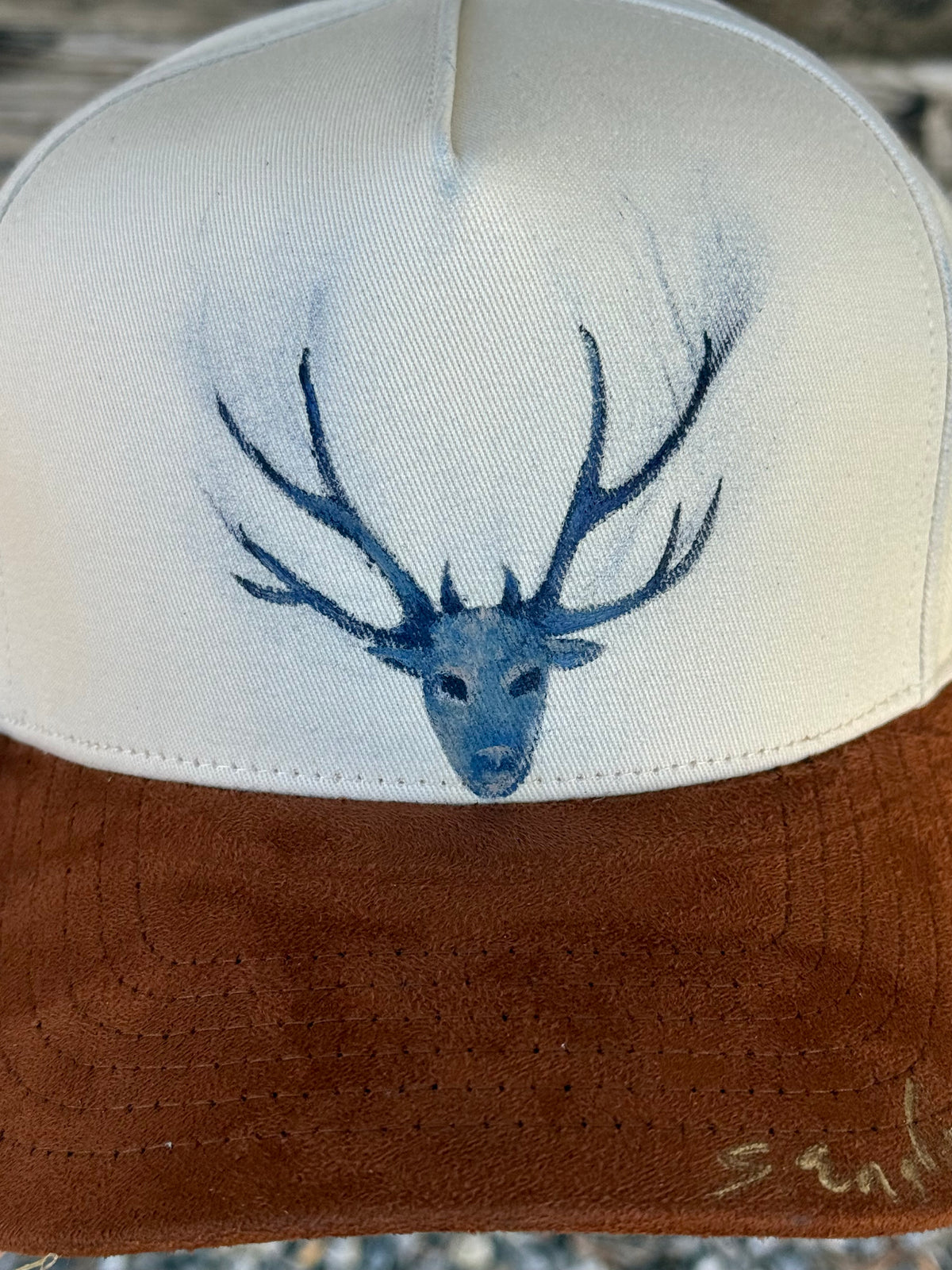 Hand painted canvas/suede brown and cream baseball hat - deer
