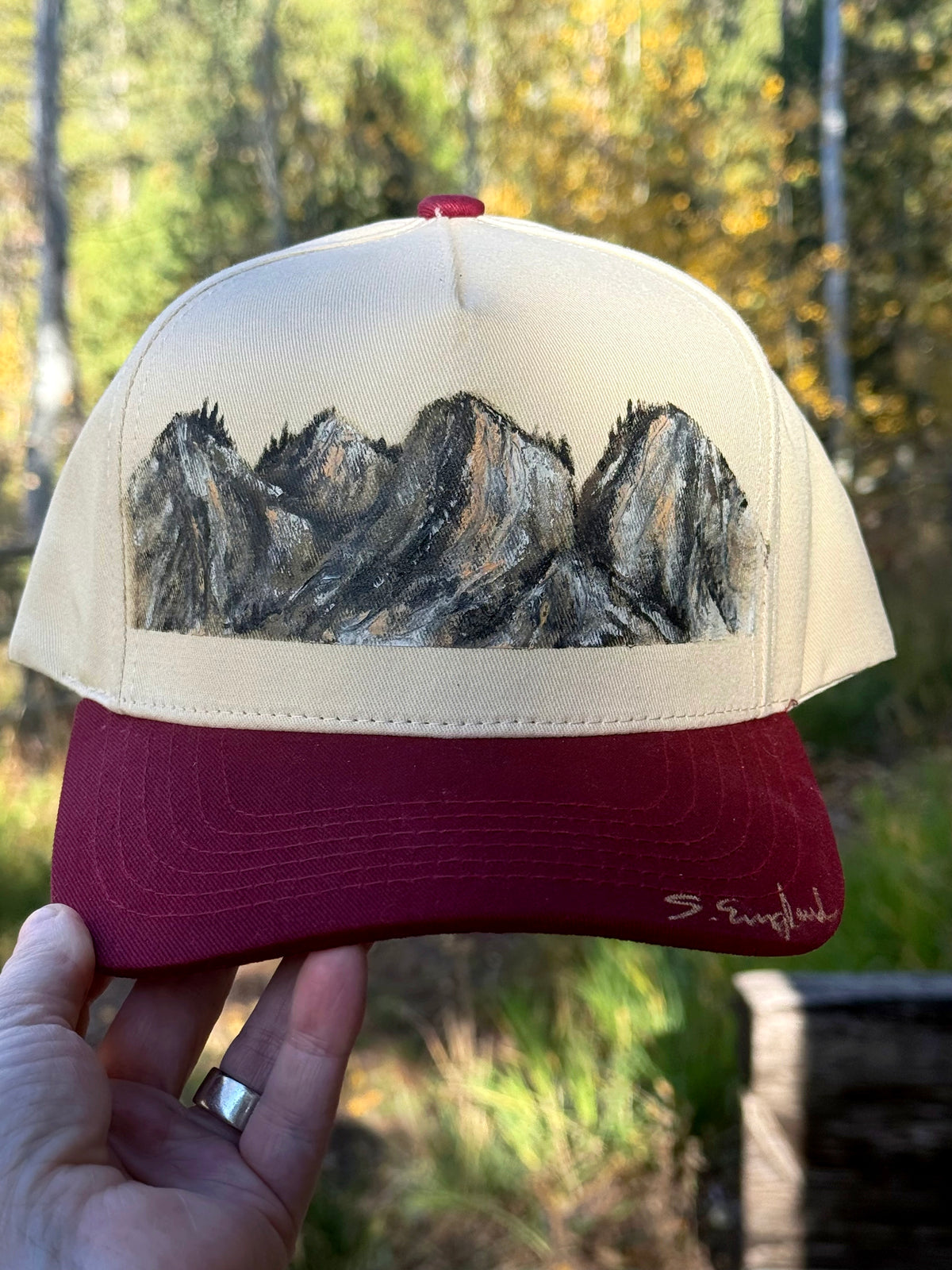 Hand painted mountain scene on cream/burgundy canvas hat