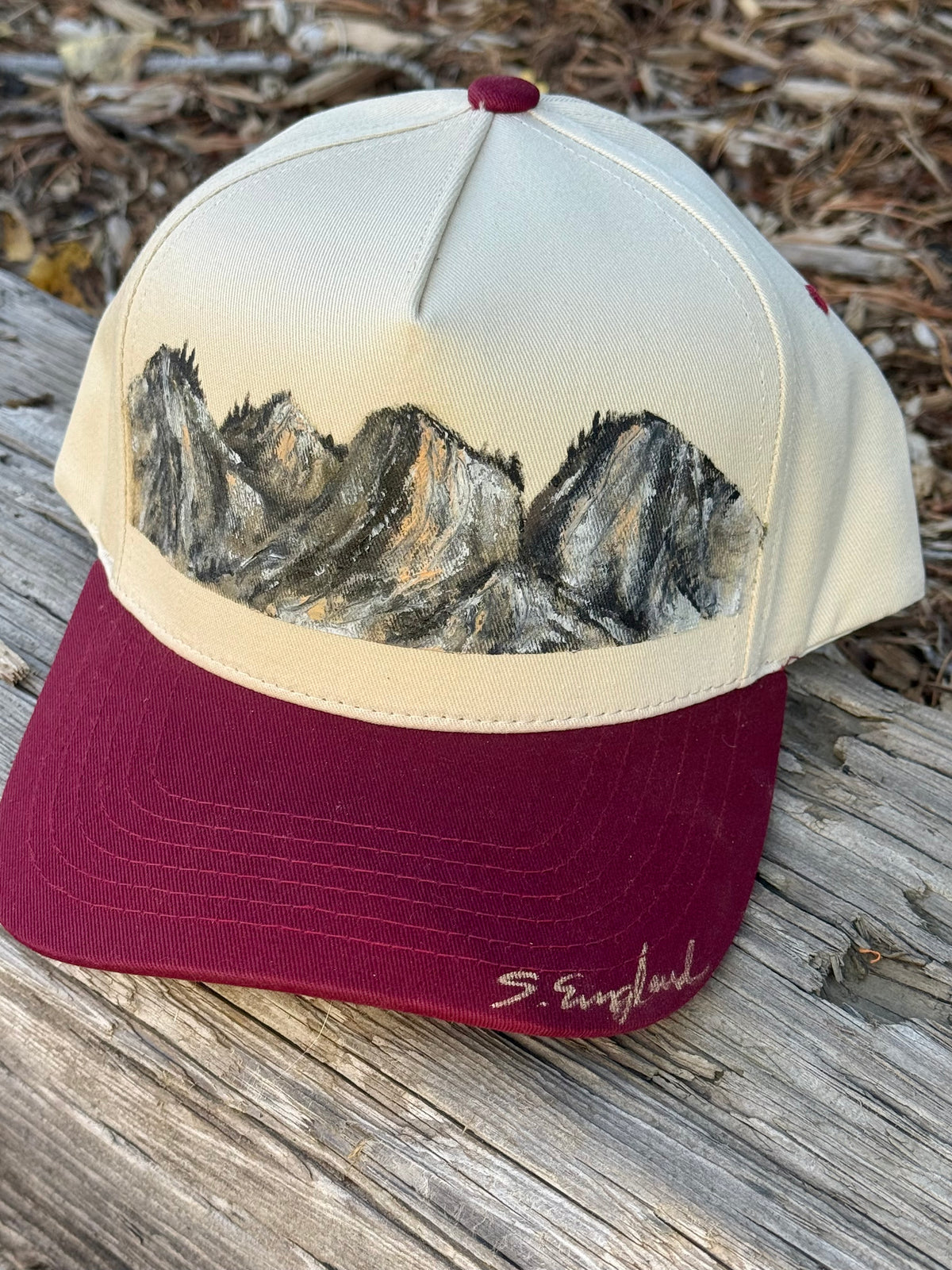 Hand painted mountain scene on cream/burgundy canvas hat