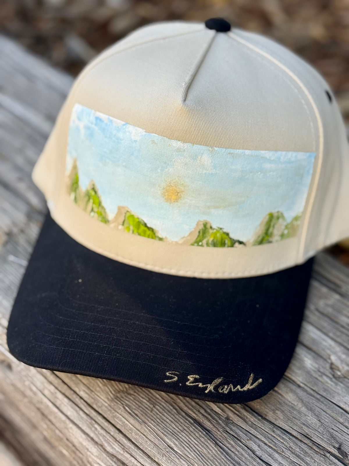 Hand painted contemporary mountain scene on black/cream canvas hat