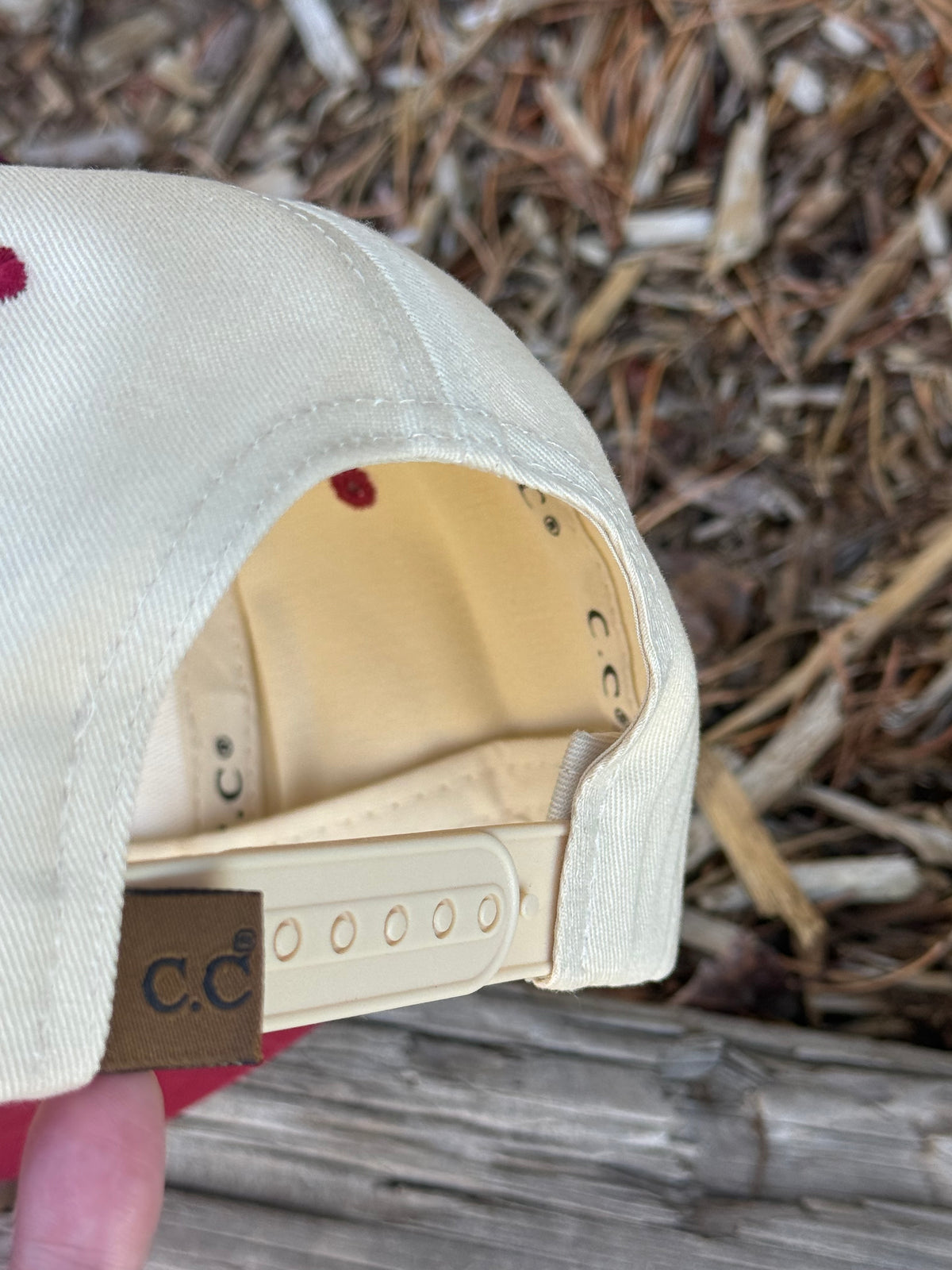 Hand painted landscape scene painted on cream/burgundy canvas baseball cap