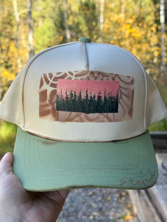 Hand painted canvas hat of cream/light green - abstract tree scene