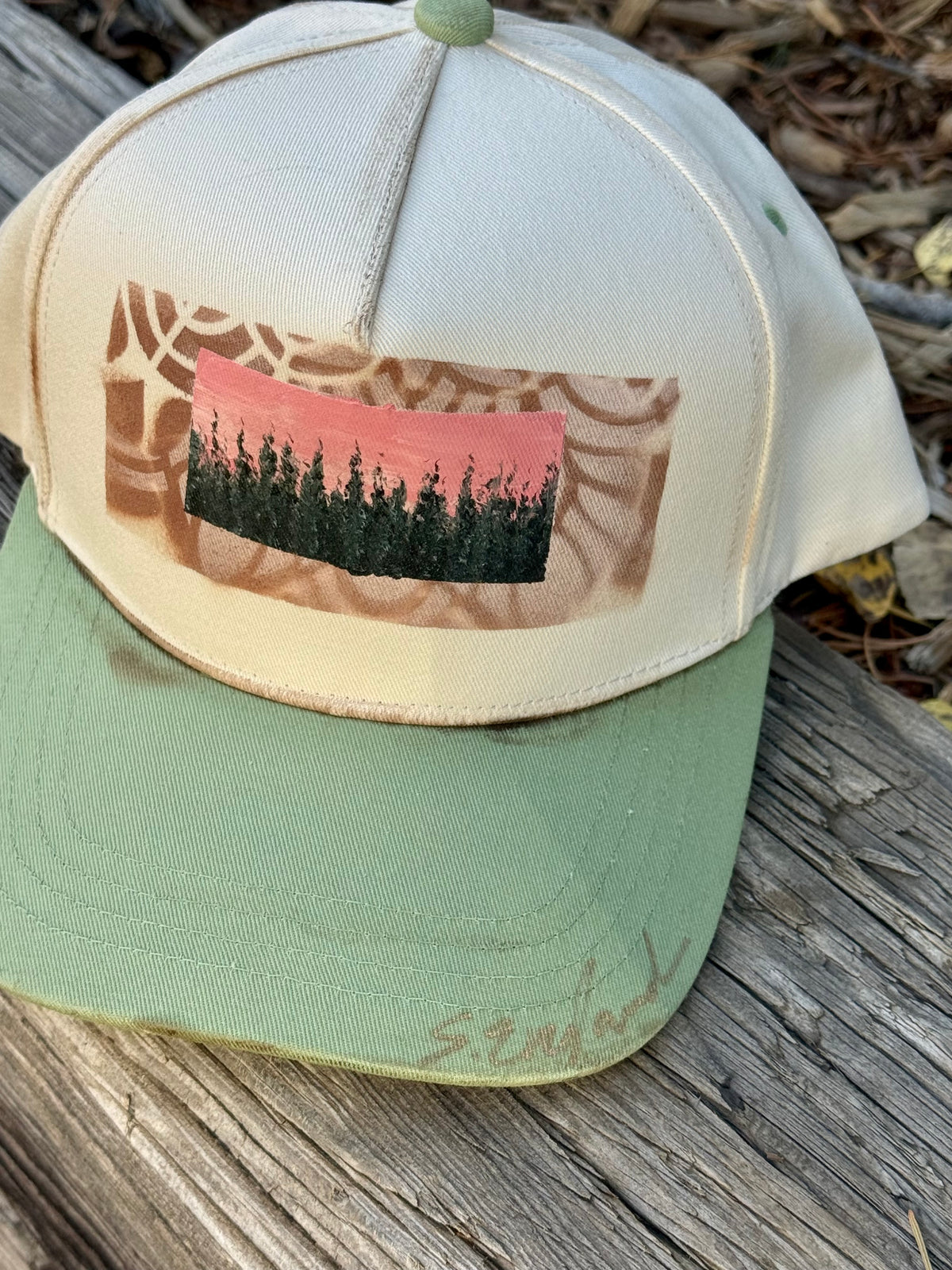 Hand painted canvas hat of cream/light green - abstract tree scene