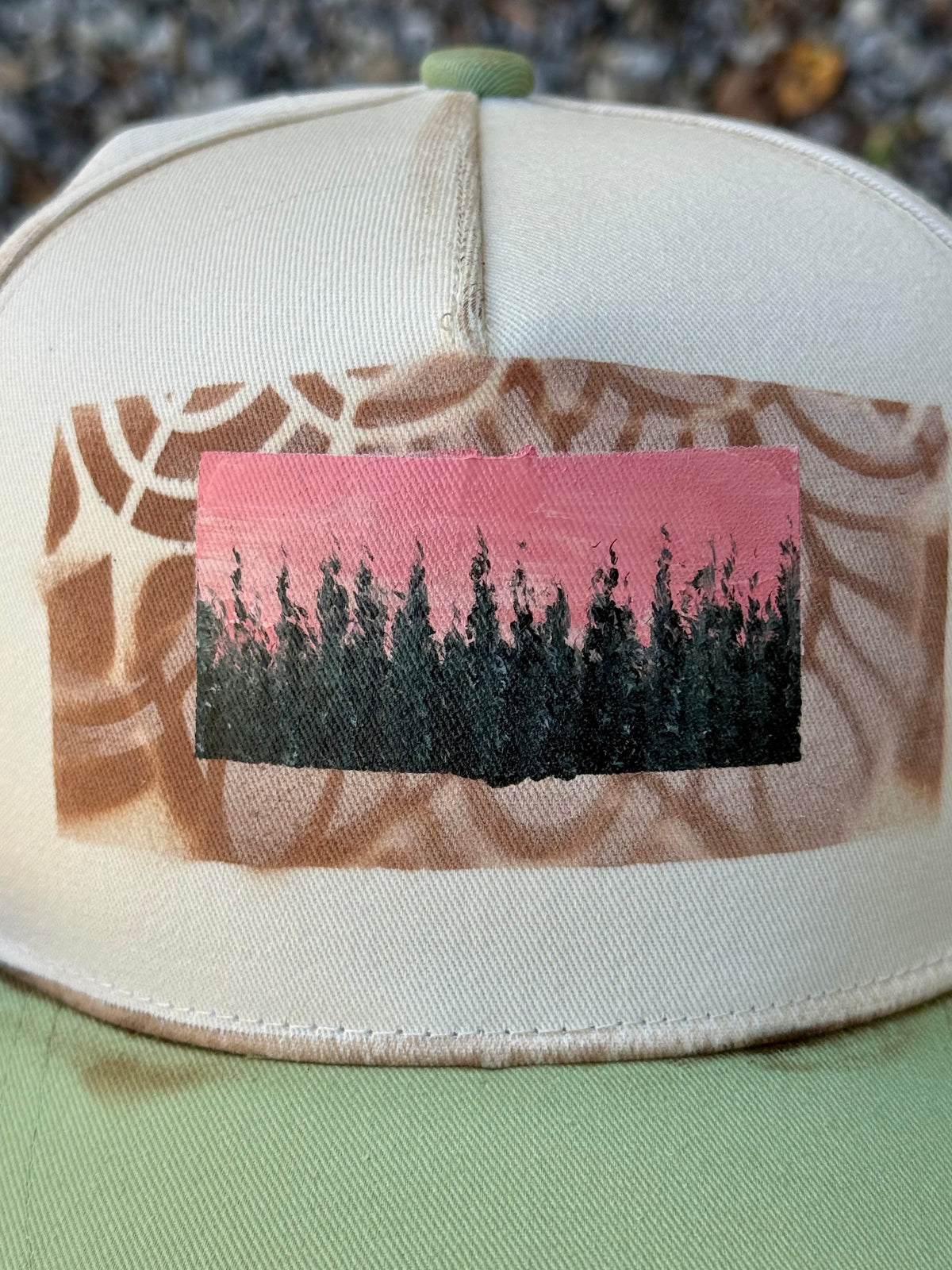 Hand painted canvas hat of cream/light green - abstract tree scene