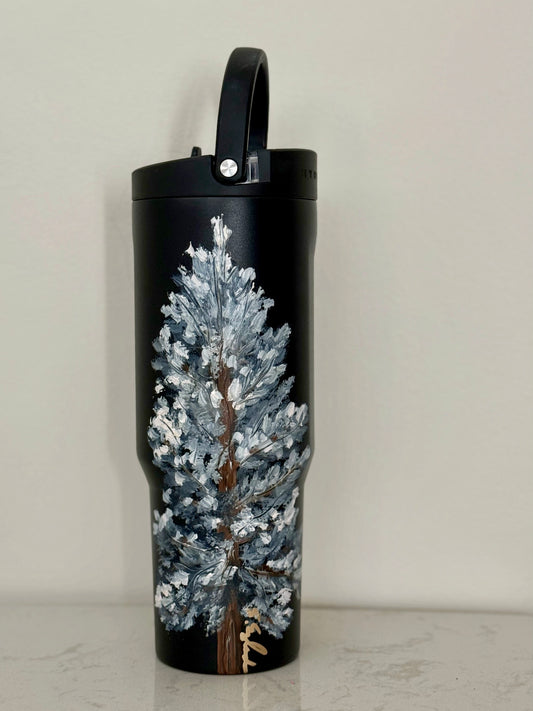 Hand painted 40oz black hydrojug - lone winter blue spruce