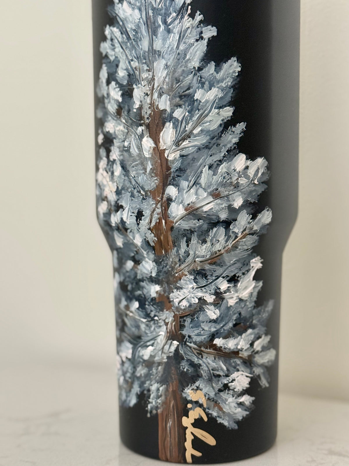 Hand painted 40oz black hydrojug - lone winter blue spruce