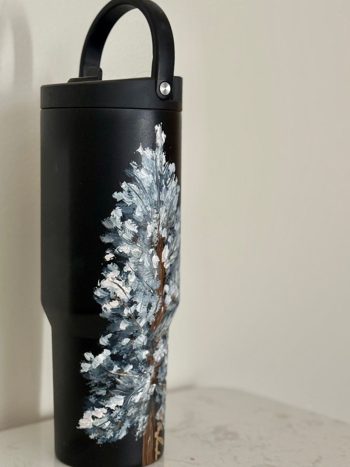 Hand painted 40oz black hydrojug - lone winter blue spruce