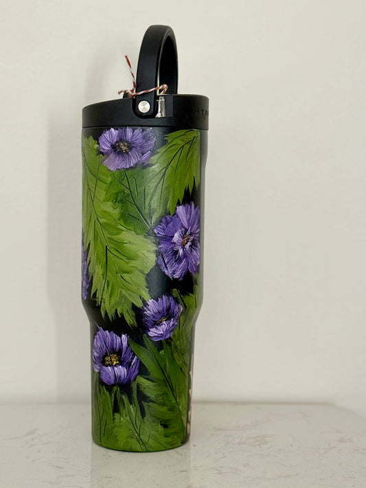 Hand painted 40oz black hydro jug - purple pansies