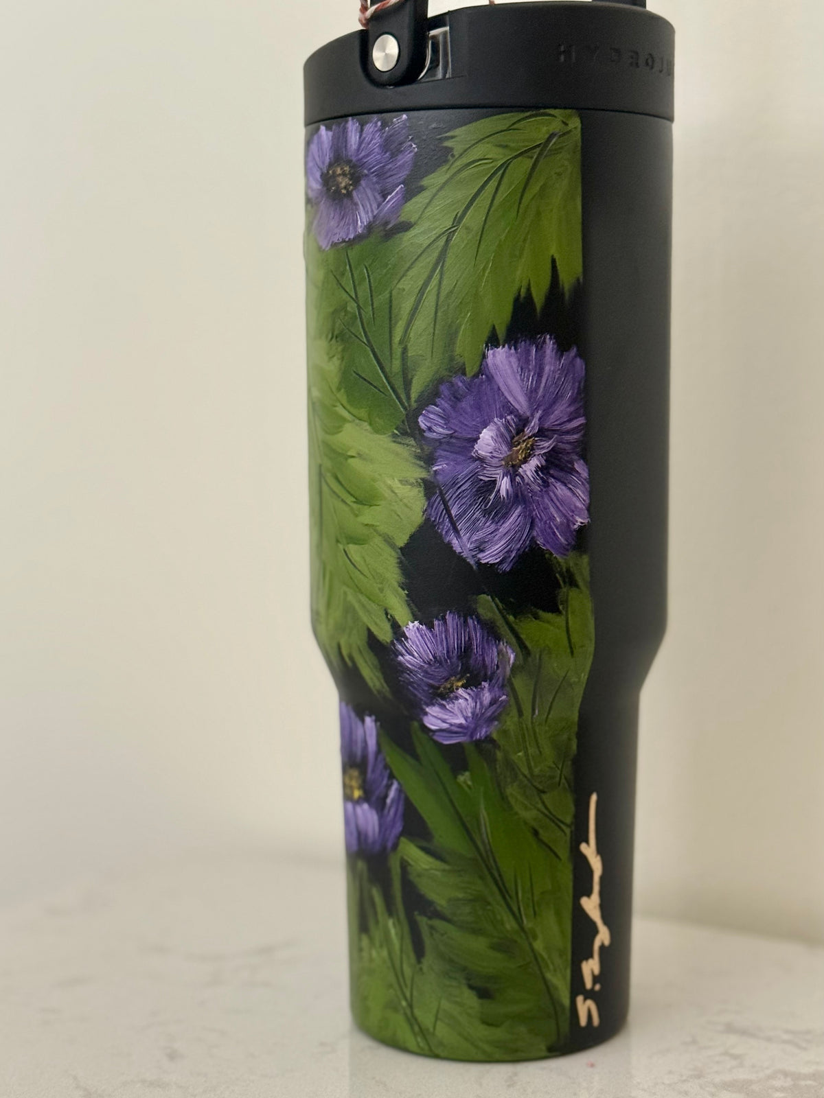 Hand painted 40oz black hydro jug - purple pansies