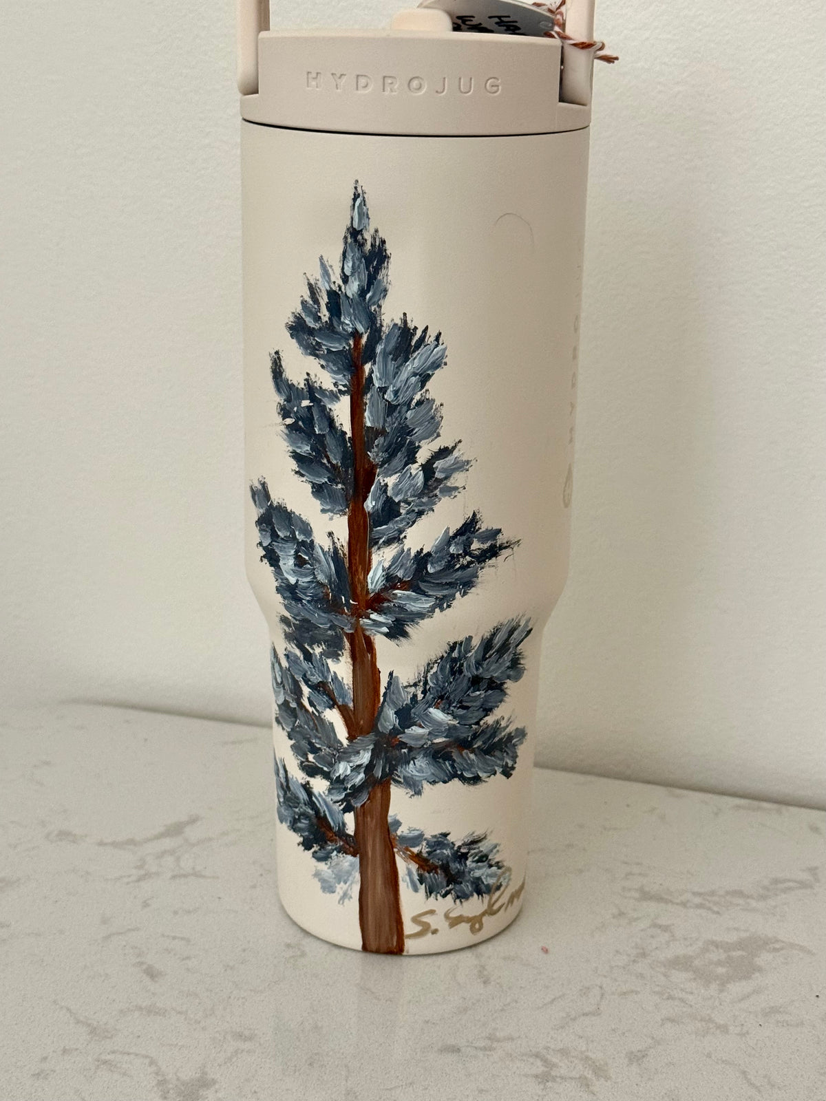 Hand painted 34oz cream hydrojug - lone blue spruce