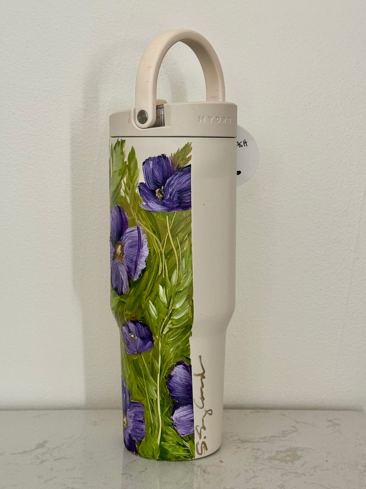Hand painted cream 34 oz hydrojug - purple pansies