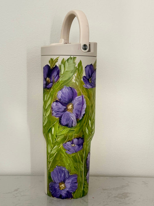 Hand painted cream 34 oz hydrojug - purple pansies