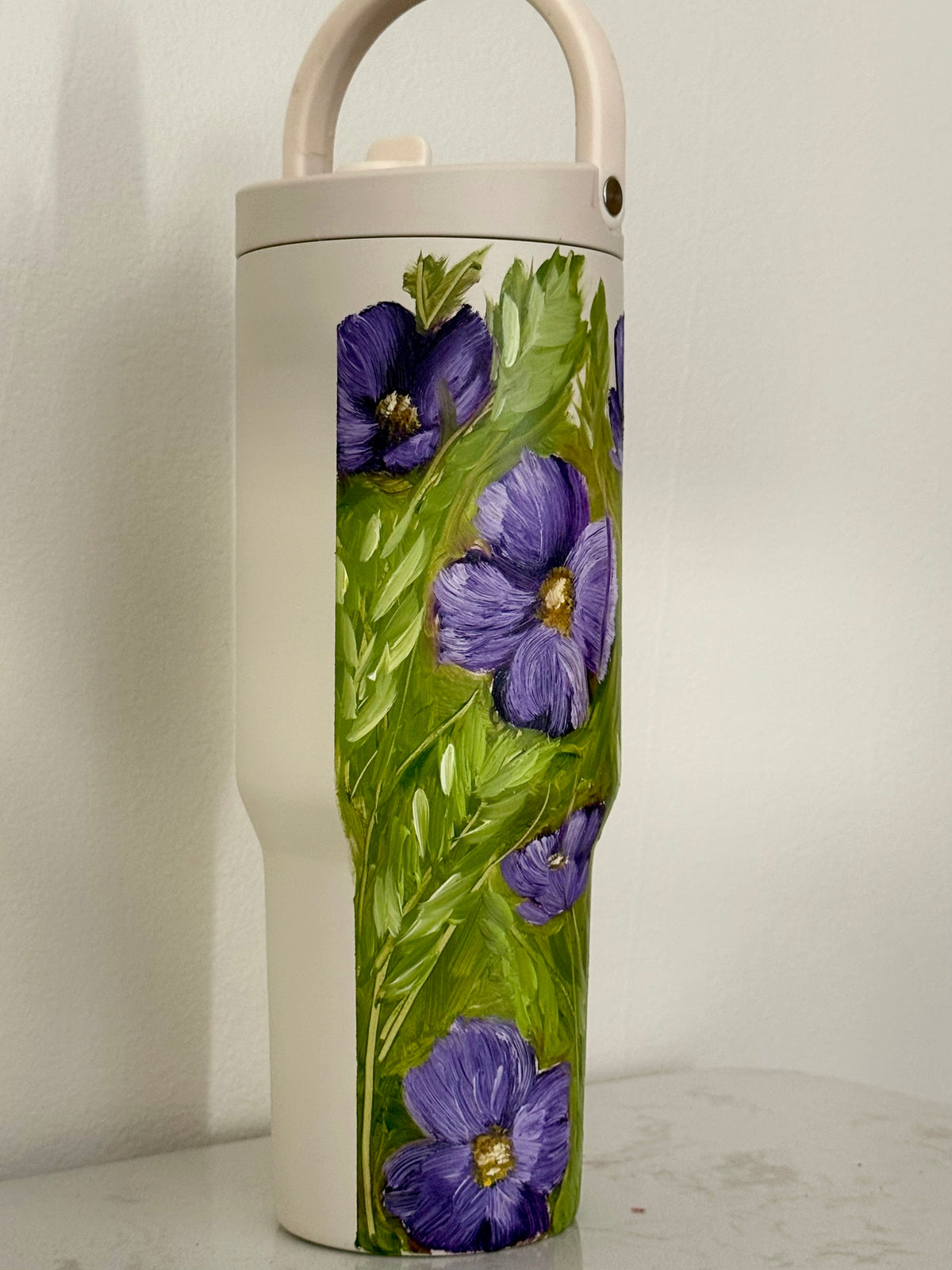 Hand painted cream 34 oz hydrojug - purple pansies