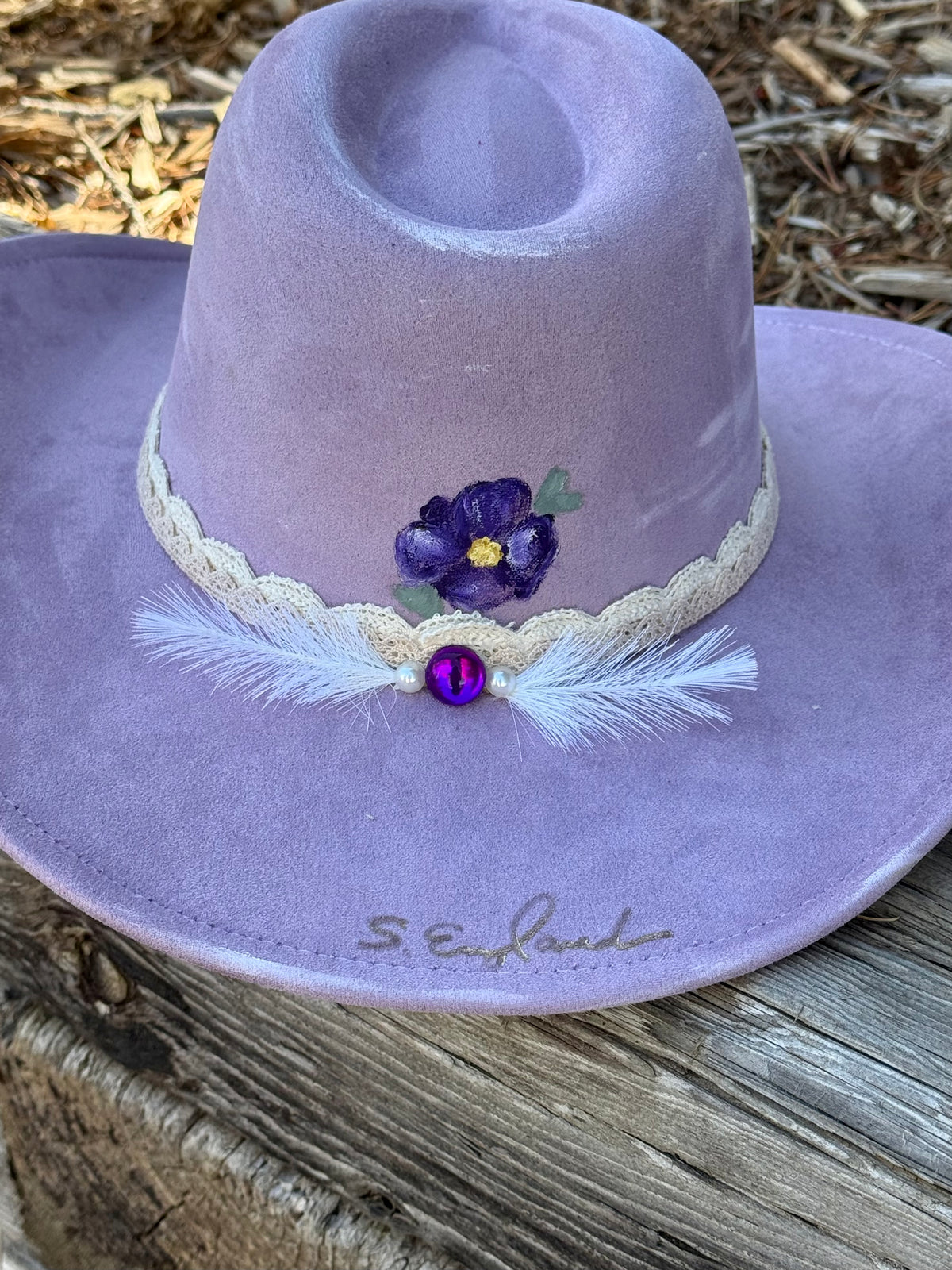 Hand painted on purple vegan suede cowgirl/boy hat - purple pansies