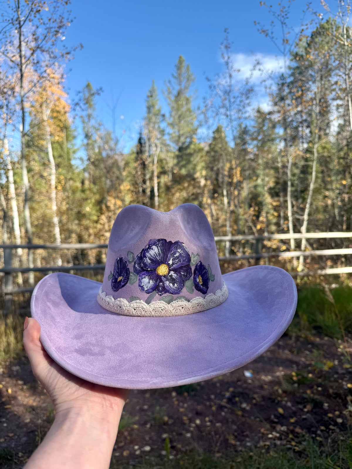 Hand painted on purple vegan suede cowgirl/boy hat - purple pansies