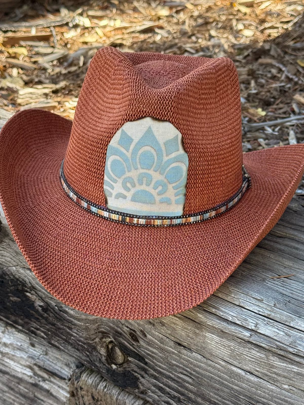 Hand painted orange sunhat style cowgirl/boy hat - spray paint design
