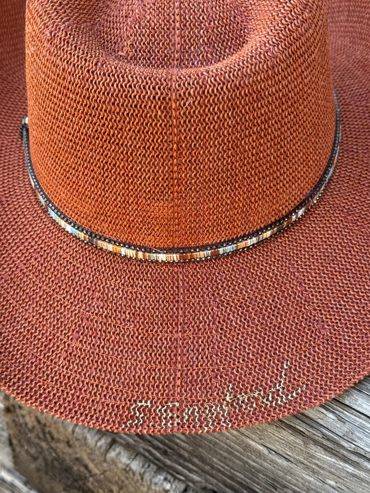 Hand painted orange sunhat style cowgirl/boy hat - spray paint design