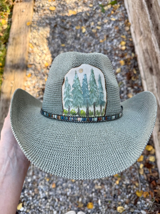 Hand painted teal sunhat cowgirl/boy hat - blue spruce tree forest