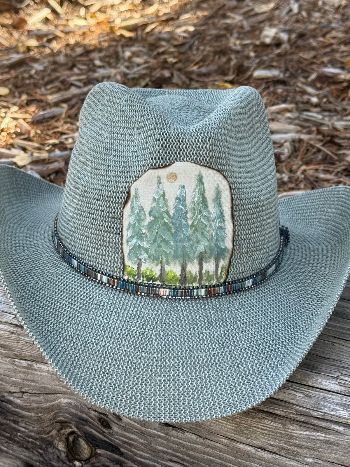 Hand painted teal sunhat cowgirl/boy hat - blue spruce tree forest