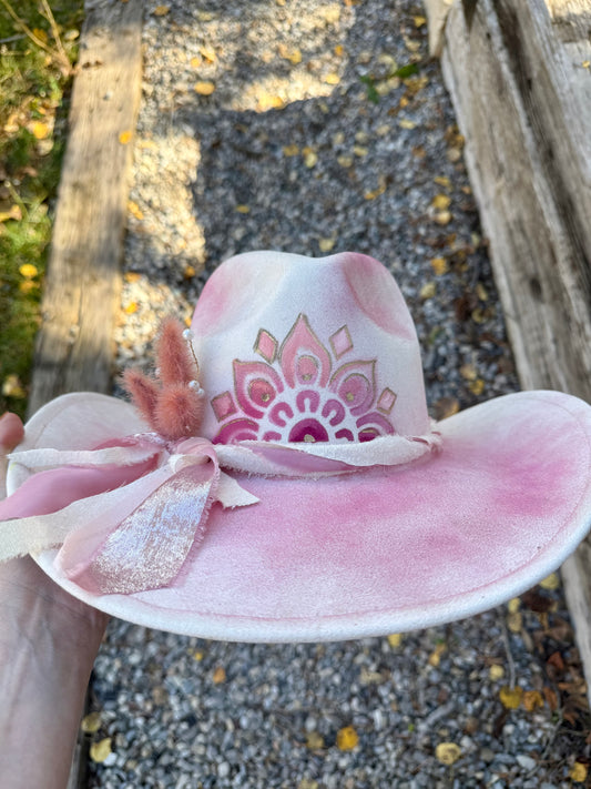 Hand painted white vegan suede cowgirl/boy hat - pink spray design