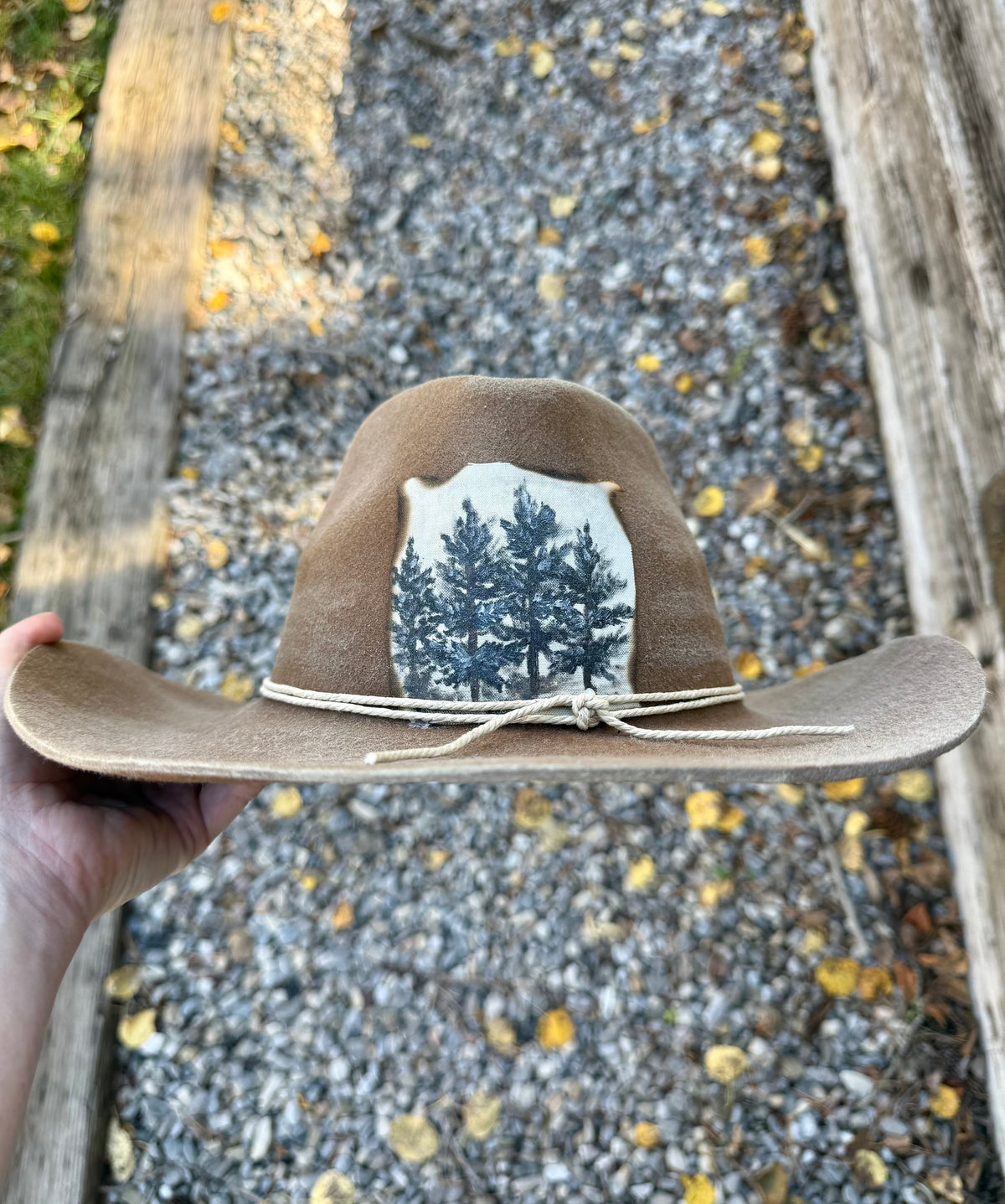 Hand painted brown stiff felt wide brim hat - three blue trees