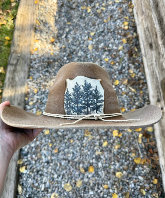 Hand painted brown stiff felt wide brim hat - three blue trees
