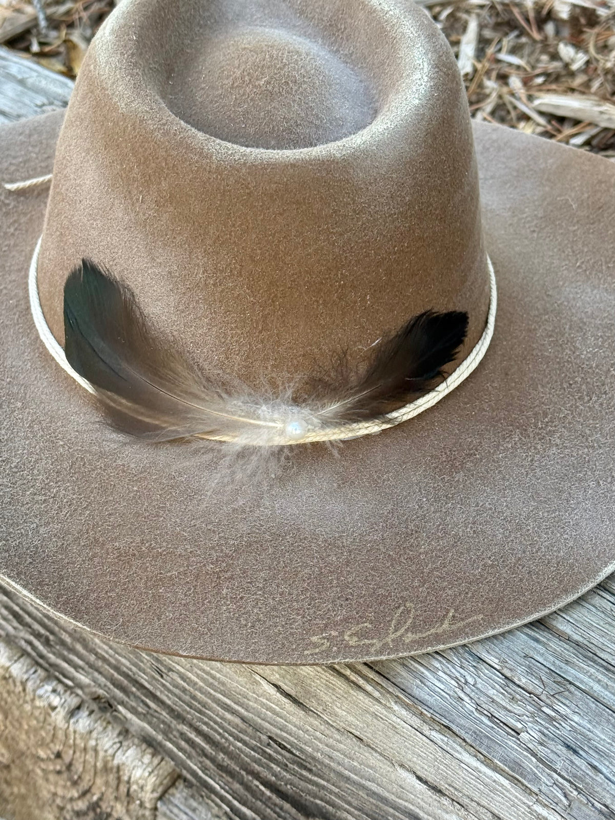 Hand painted brown stiff felt wide brim hat - three blue trees