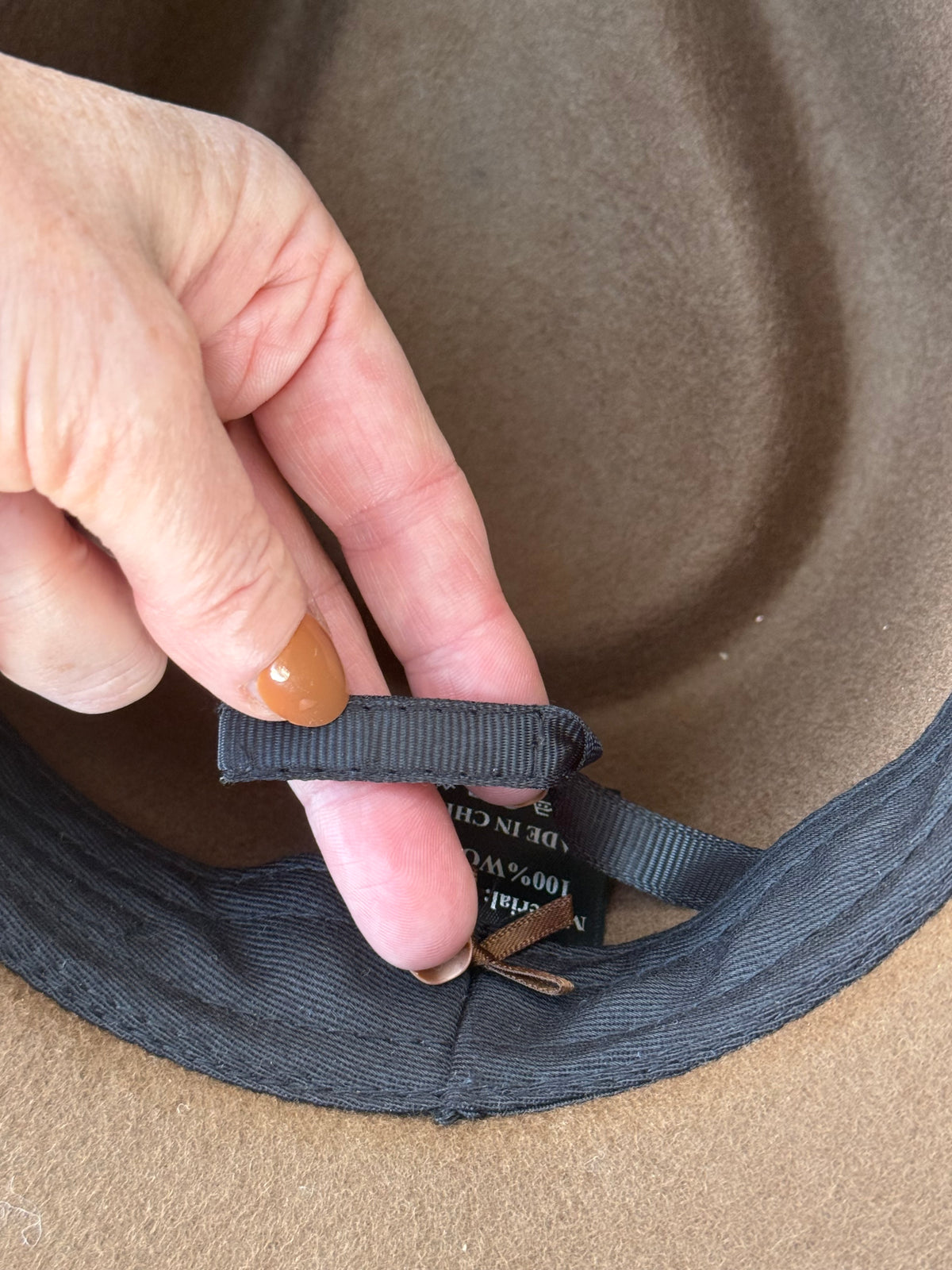 Hand painted brown stiff felt wide brim hat - three blue trees
