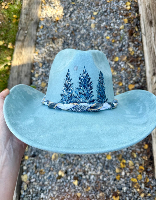 Hand painted blue vegan suded cowgirl hat - blue spruce winter vibes