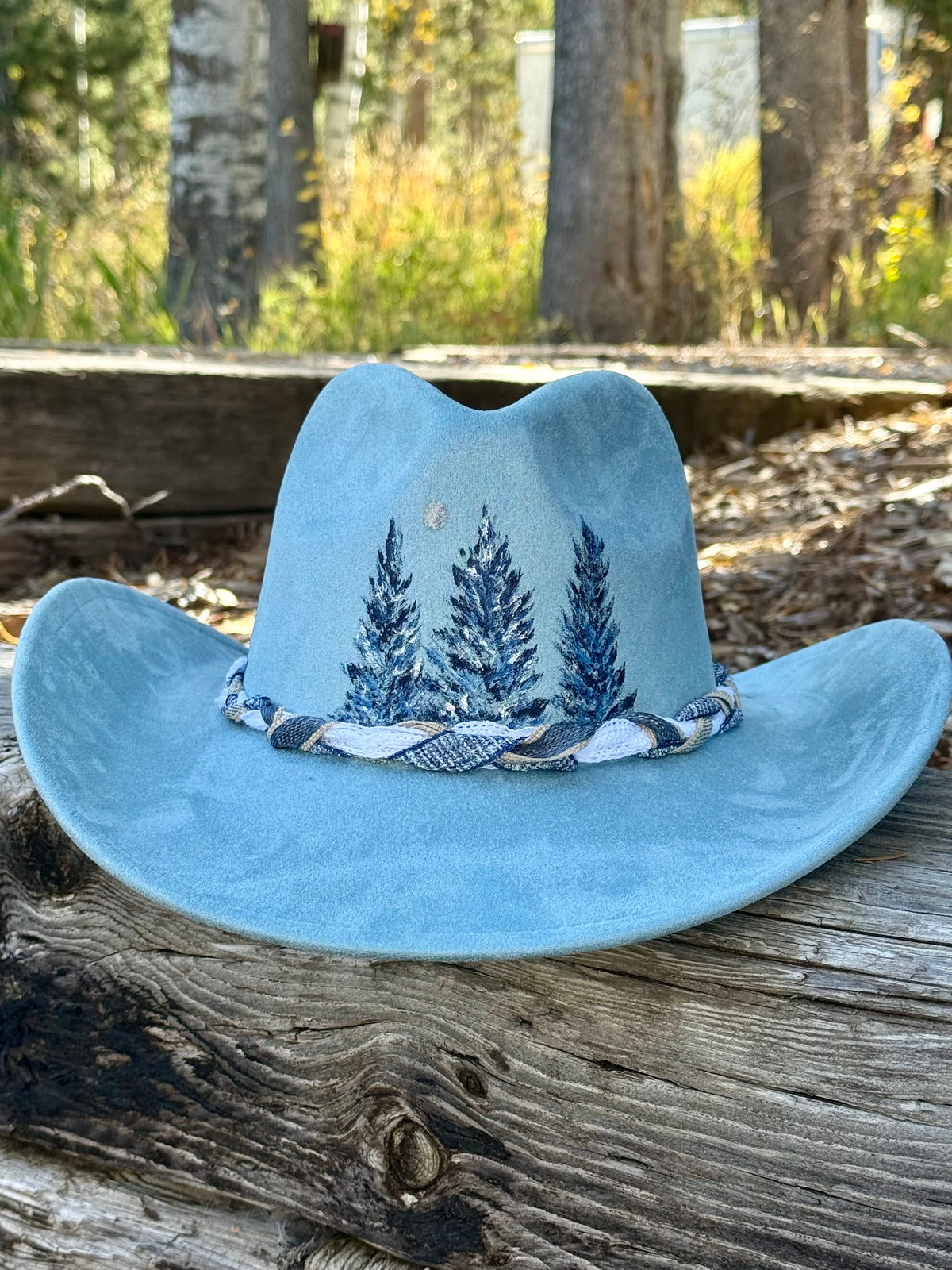 Hand painted blue vegan suded cowgirl hat - blue spruce winter vibes