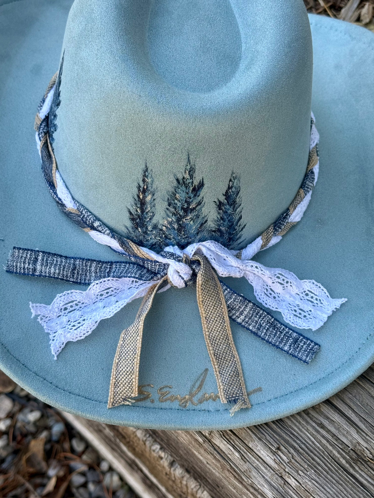 Hand painted blue vegan suded cowgirl hat - blue spruce winter vibes