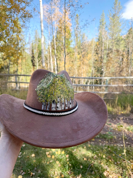 Hand painted brown cowgirl/cowboy large brim hat - summer aspen vibes