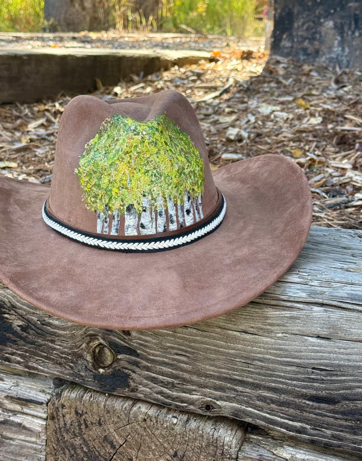 Hand painted brown cowgirl/cowboy large brim hat - summer aspen vibes