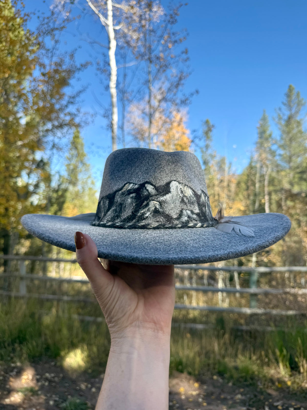 Hand painted wide brim grey felt rancher hat - mountain scape scene