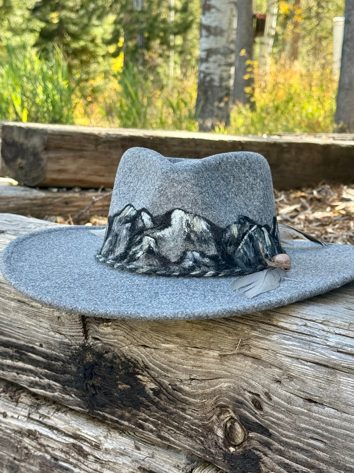 Hand painted wide brim grey felt rancher hat - mountain scape scene