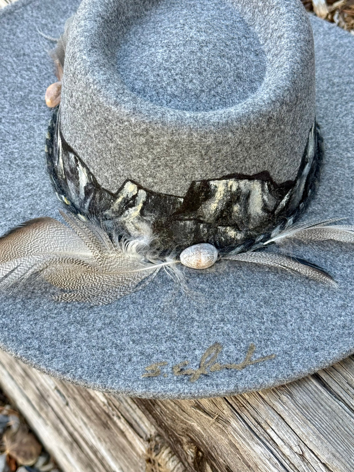 Hand painted wide brim grey felt rancher hat - mountain scape scene